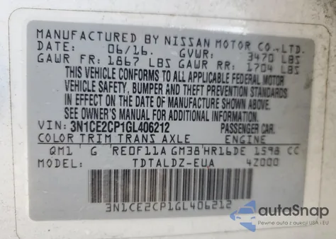 2016 Nissan Versa Note S из США, поврежденный, VIN 3N1CE2CP1GL406212